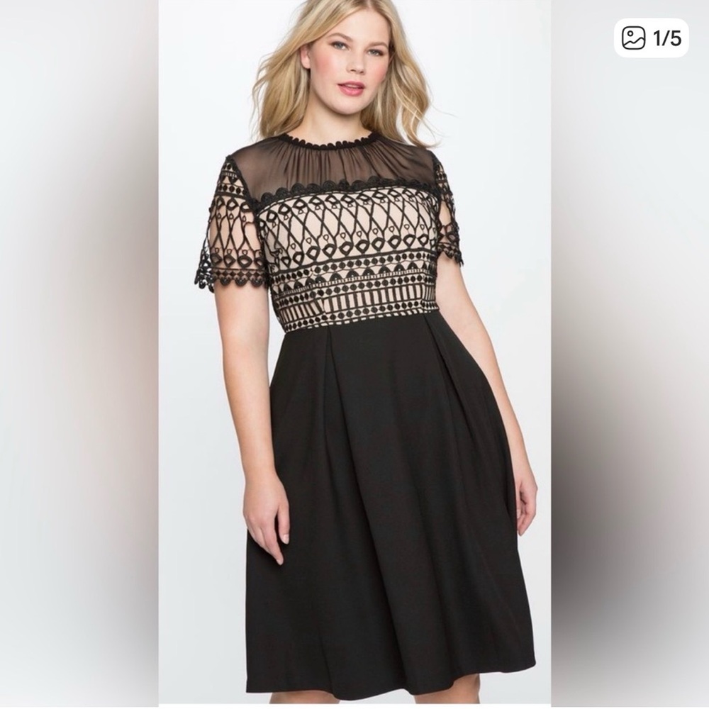 Eloquii Black and Tan Crochet Midi Dress